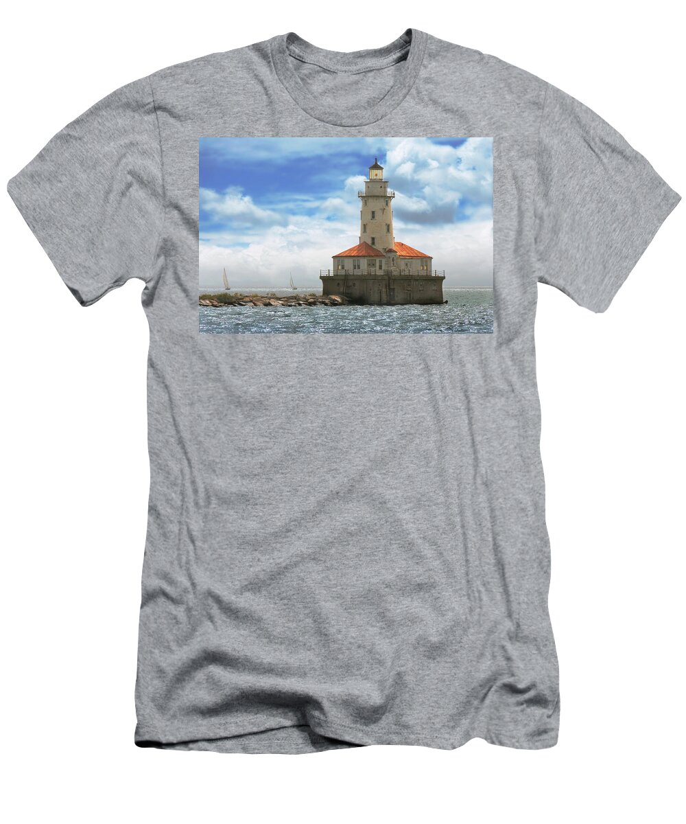 Chicago T-Shirt featuring the photograph City - Chicago IL - Chicago harbor lighthouse by Mike Savad