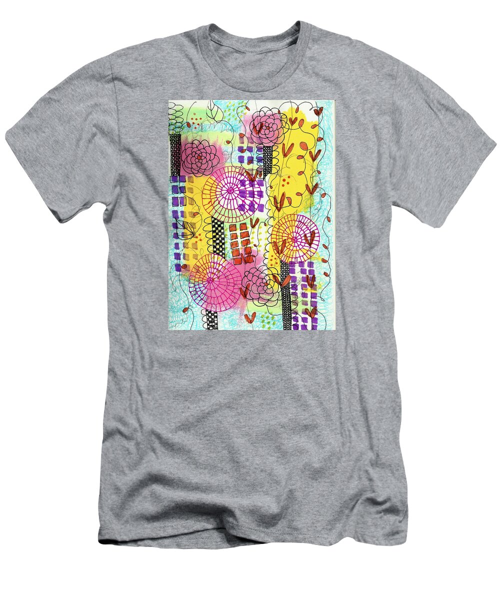 City T-Shirt featuring the mixed media City Flower Garden by Lisa Noneman