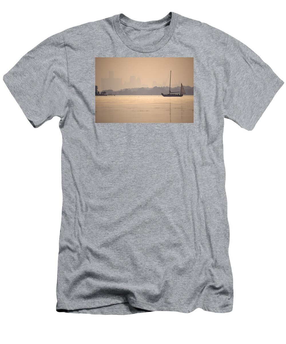 Peche Island T-Shirt featuring the photograph Classic Boat Anchored in the Detrot River near Peche Island by John Harmon