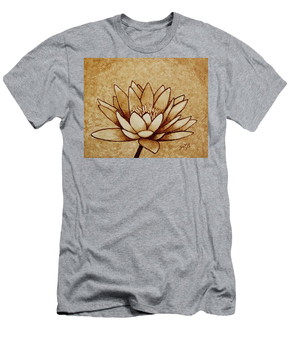 Water Lilly Painting With Coffee T-Shirt featuring the painting Coffee painting Water Lilly Blooming by Georgeta Blanaru