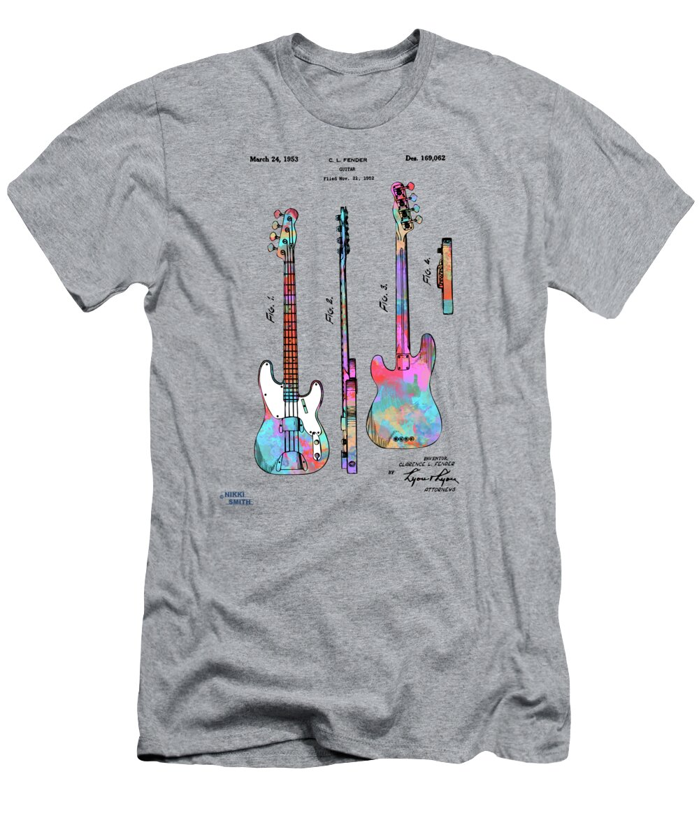 Fender Guitar T-Shirt featuring the digital art Colorful 1953 Fender Bass Guitar Patent Artwork by Nikki Marie Smith