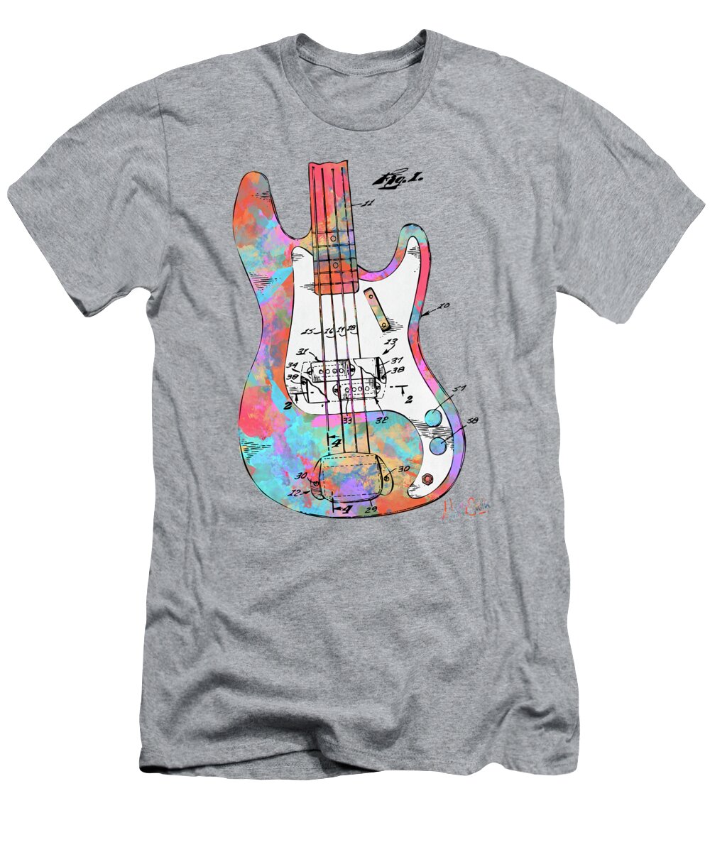 Fender Guitar T-Shirt featuring the digital art Colorful 1961 Fender Guitar Patent by Nikki Marie Smith