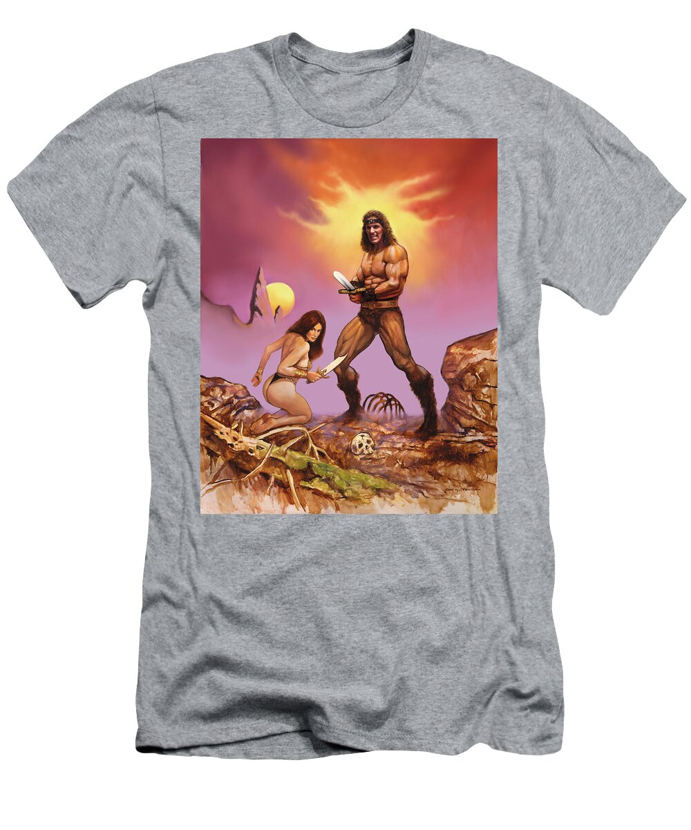 Conan Barbarian Scoff Adventure Fantasy Warrior Beauty T-Shirt featuring the painting Conan by Murry Whiteman