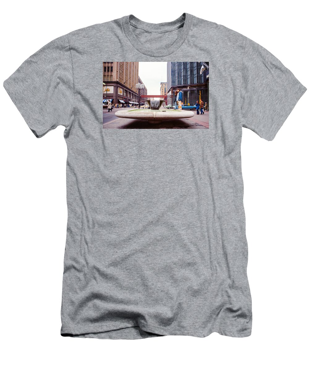 Book Work T-Shirt featuring the photograph Contemplating the fountain at 8th and Nicollet. by Mike Evangelist