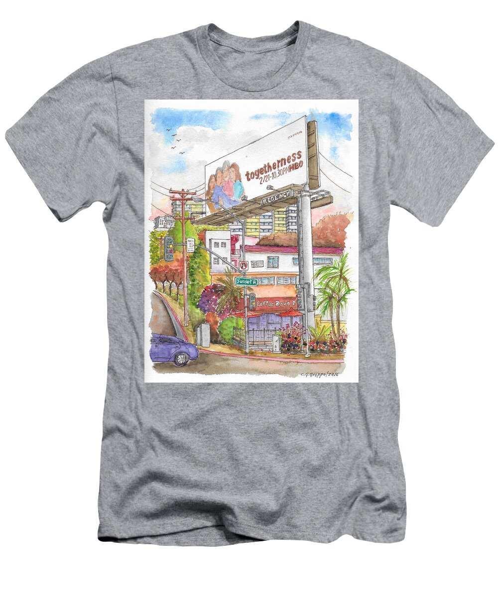 Coffee Bean And Tea Leaf T-Shirt featuring the painting Corner Sunset Blvd. and Hold, The Coffee Bean, West Hollywood, California by Carlos G Groppa