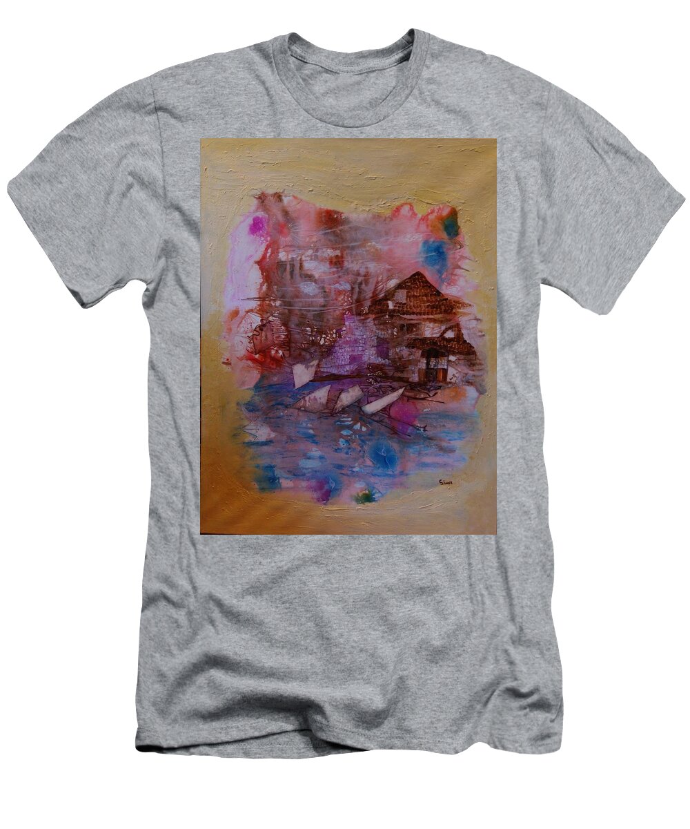 Abstract T-Shirt featuring the painting Cottage at the lake by Sima Amid Wewetzer