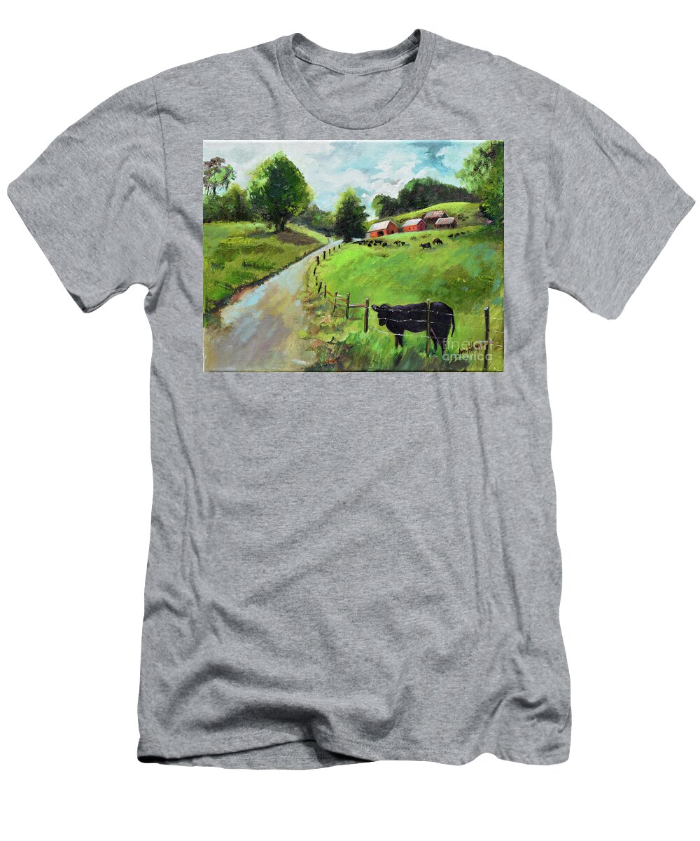 Cows T-Shirt featuring the painting Country Roads of Georgia- Ellijay Rural Scene by Jan Dappen