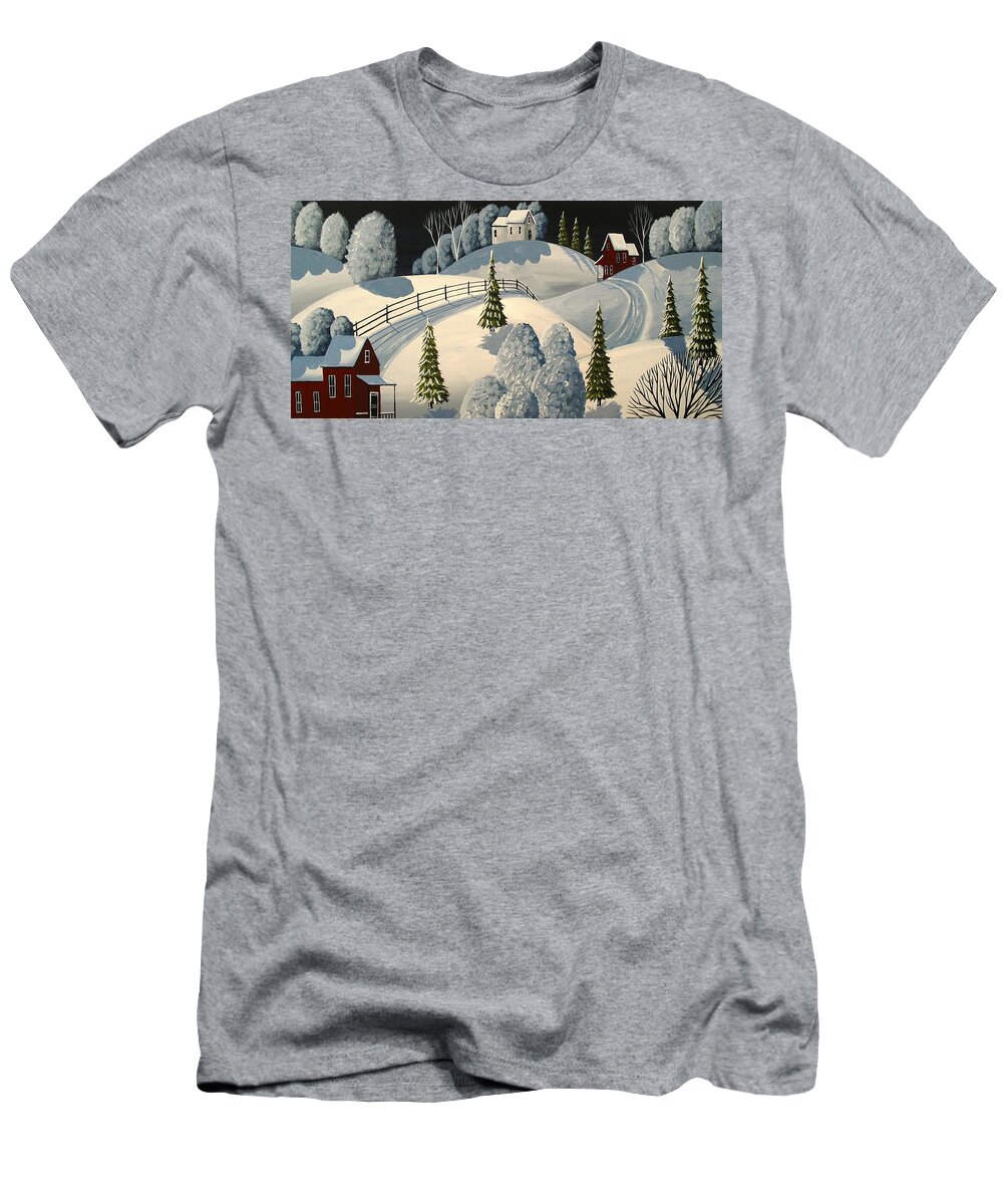 Art T-Shirt featuring the painting Country Winter Night - folk art landscape by Debbie Criswell