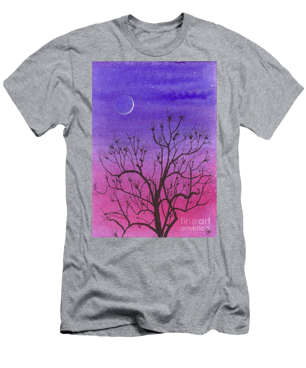 Watercolor T-Shirt featuring the painting Crescent Moon and Peculiar Tree by Jackie Irwin