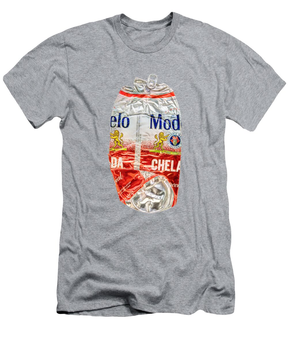 Beer Can T-Shirt featuring the photograph Crushed Beer Can Red Chelada on BW Plywood 83 by YoPedro