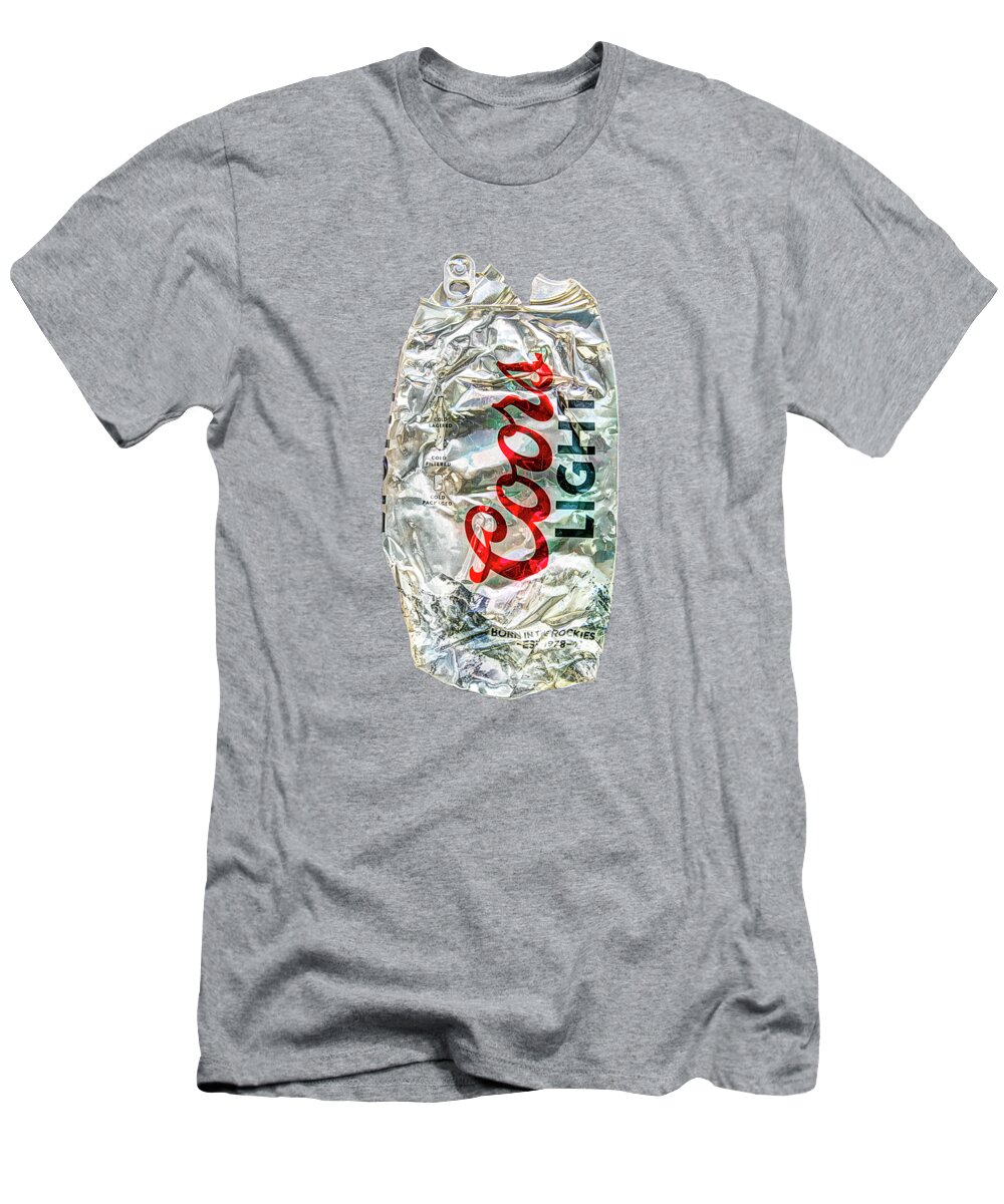 Can T-Shirt featuring the photograph Crushed Light Silver Beer Can on Plywood 79 by YoPedro