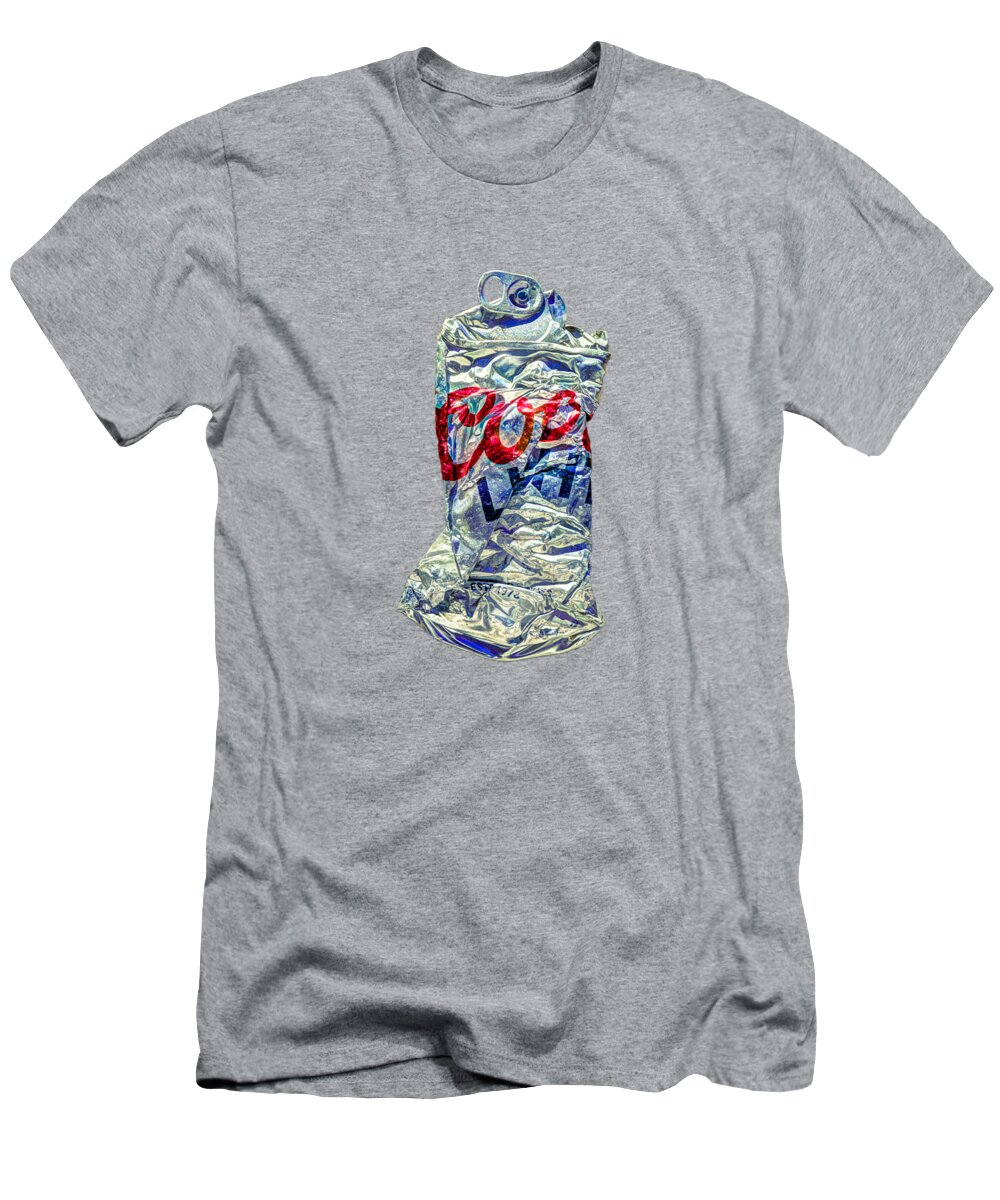 Can T-Shirt featuring the photograph Crushed Silver Light Beer Can on Plywood 80 by YoPedro