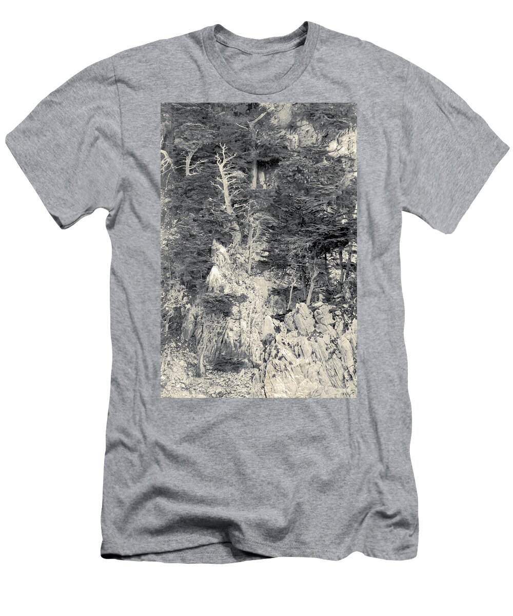 Cypress T-Shirt featuring the digital art Cypress Strewn Cliff, Carmel Bay, Point Lobos, State Park Carmel, California by Kathy Anselmo