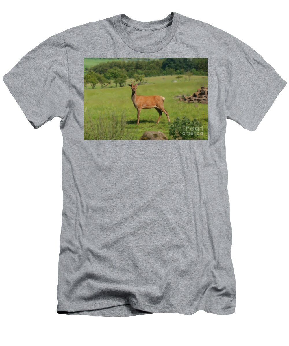 Red Deer T-Shirt featuring the photograph Deer calf. by Elena Perelman