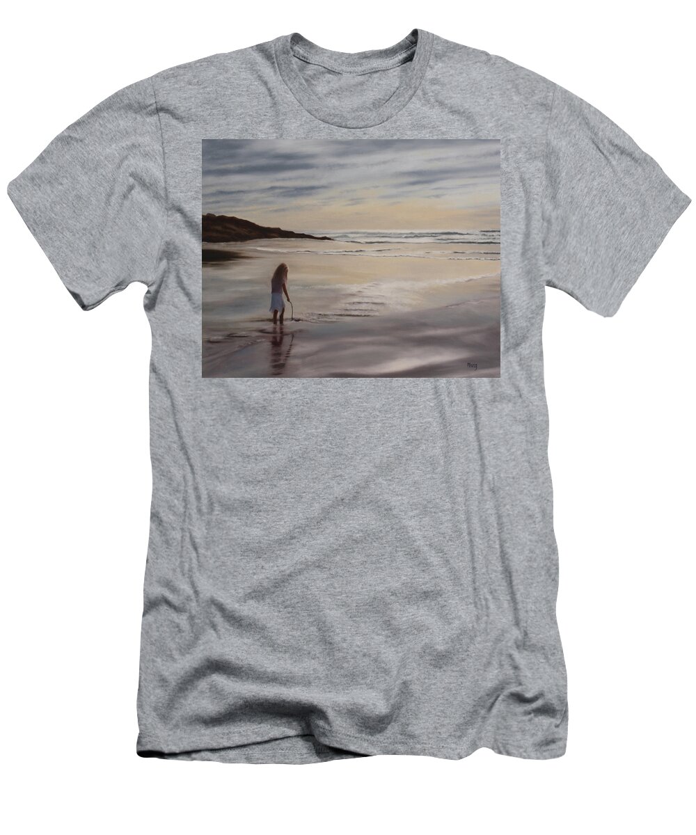 Ocean; Sunset; Divining; Serenity; Contemplation; Child; Sand; Digging; Water T-Shirt featuring the painting Divining by Marg Wolf