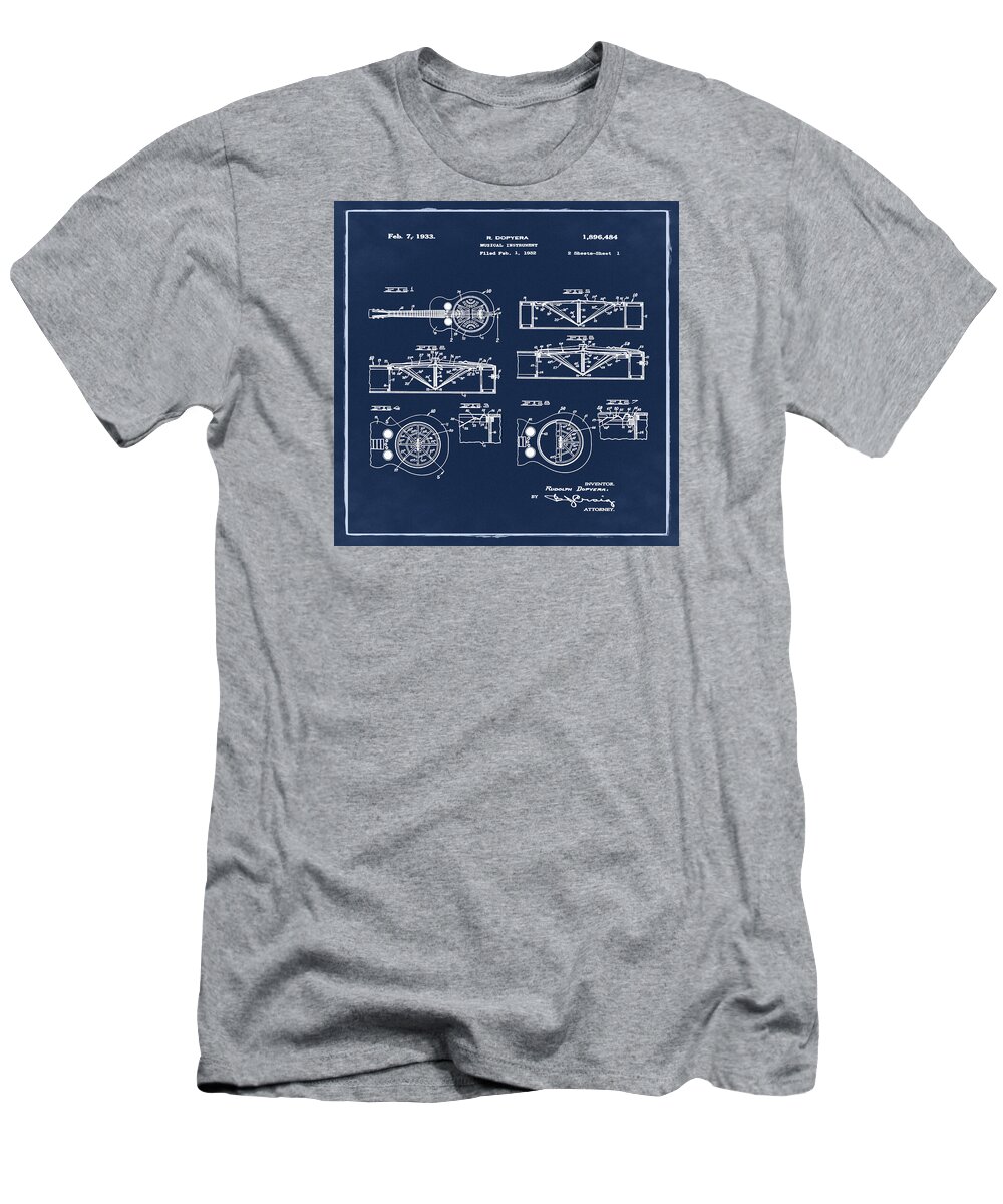 Dobro T-Shirt featuring the photograph Dobro Guitar Patent 1933 Blue by Bill Cannon