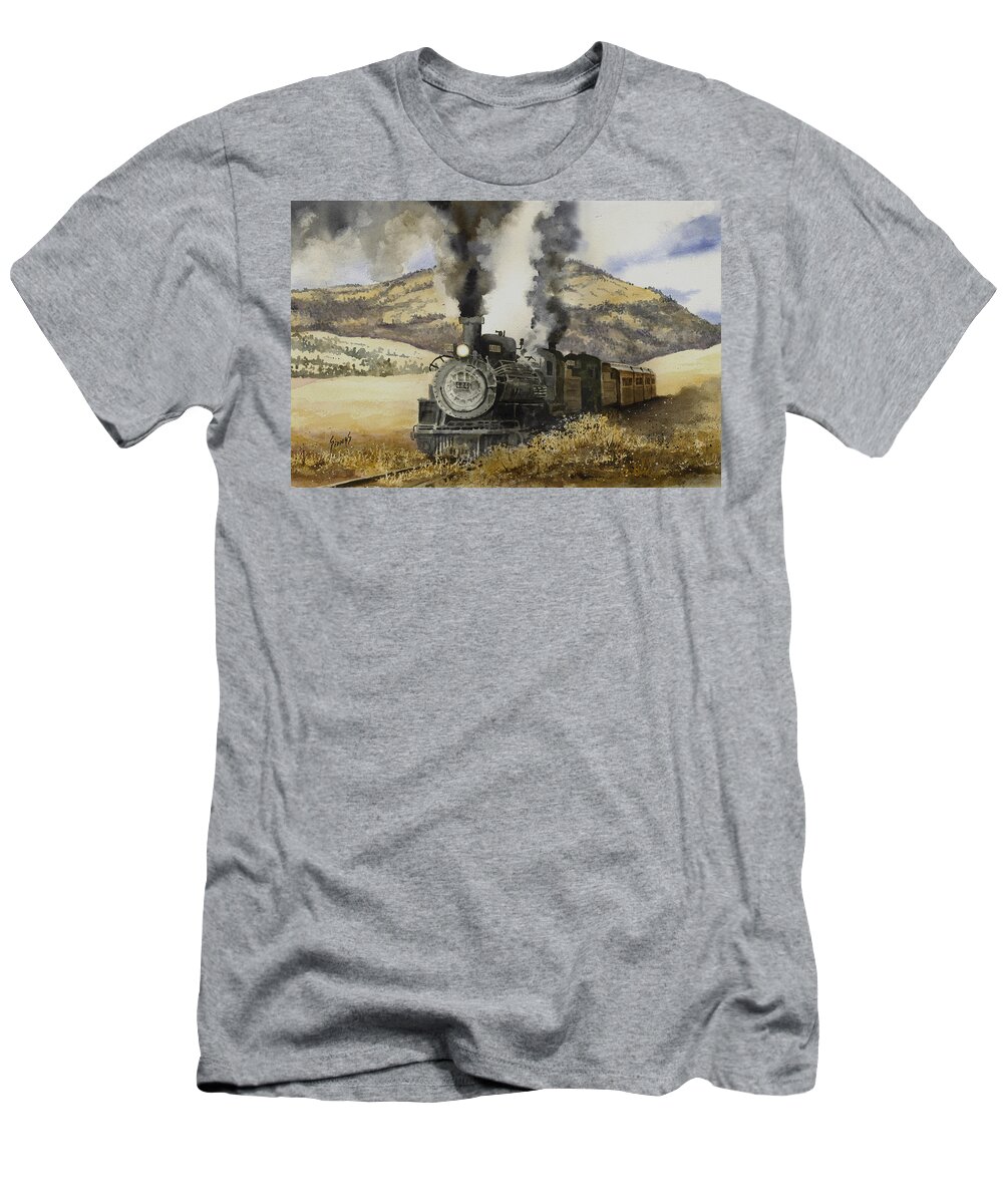 Train T-Shirt featuring the painting Double Teamin to Cumbres Pass by Sam Sidders