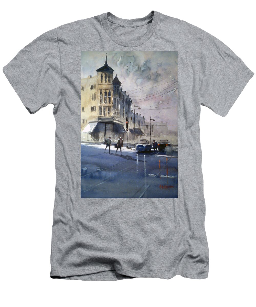 Cityscene T-Shirt featuring the painting Downtown Oshkosh2 by Ryan Radke