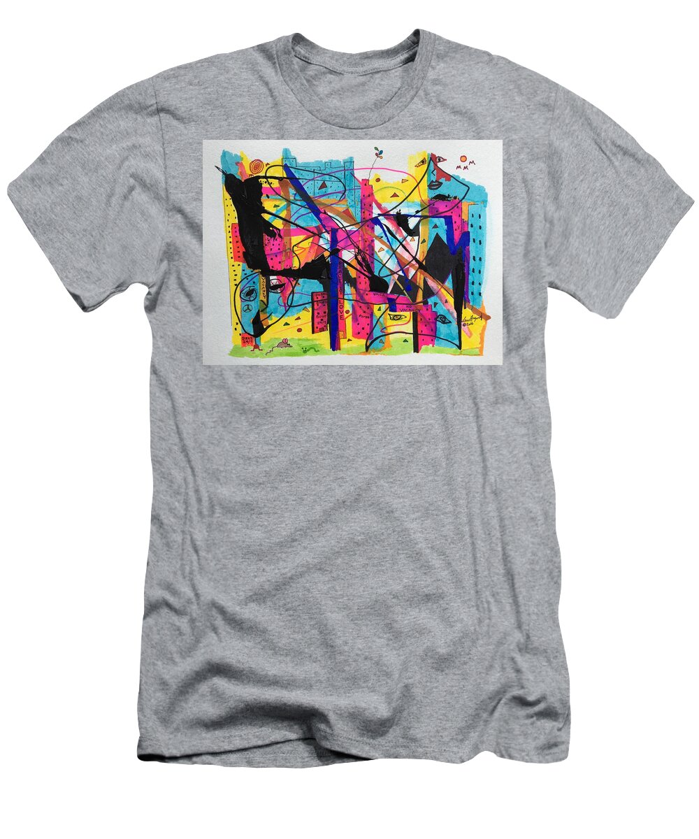 Hagood T-Shirt featuring the painting Downtown --Where All The Lights Are Bright by Lew Hagood