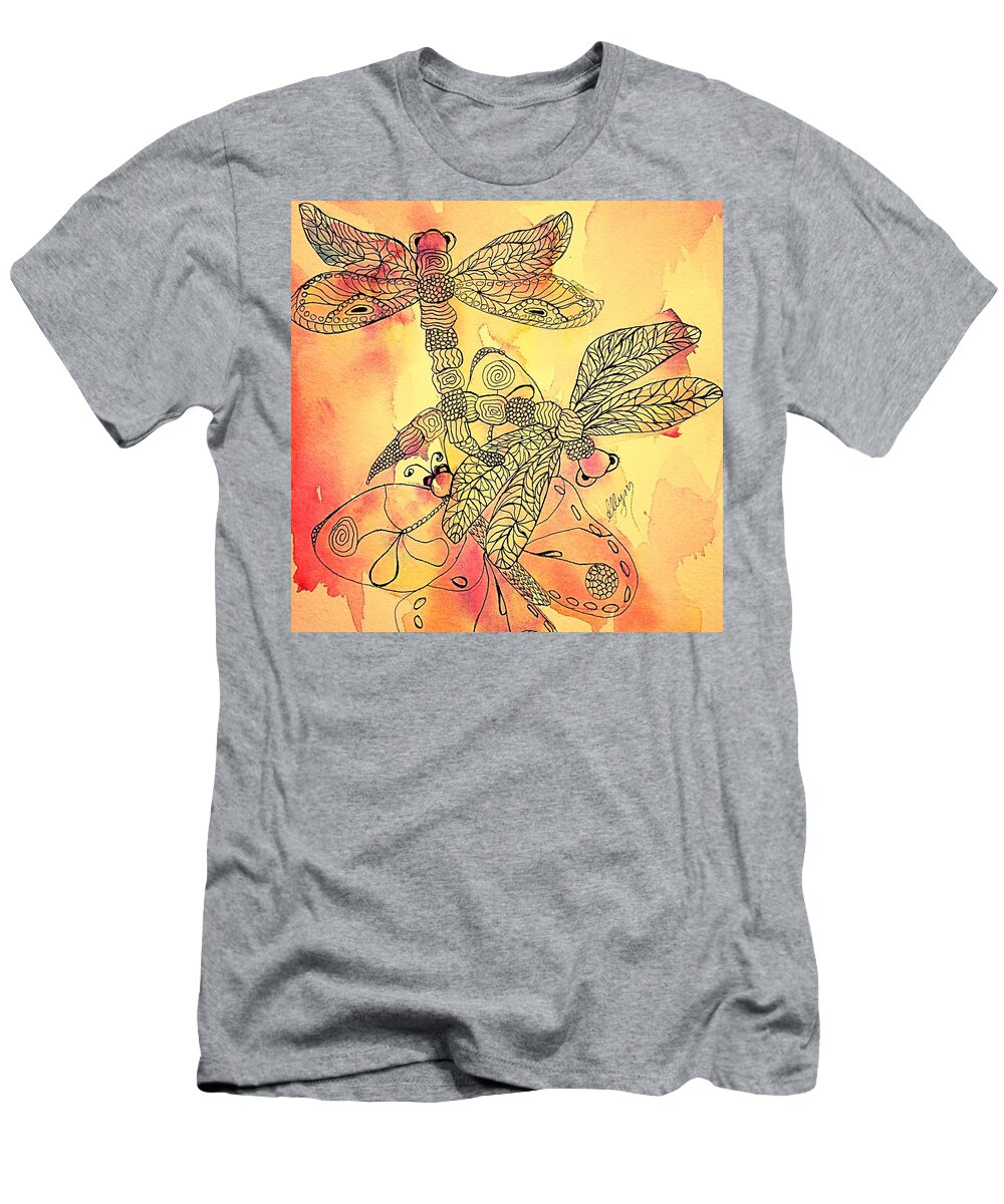 Dragonflies T-Shirt featuring the painting Dragonflies and Butterfly Peach Square by Ellen Levinson