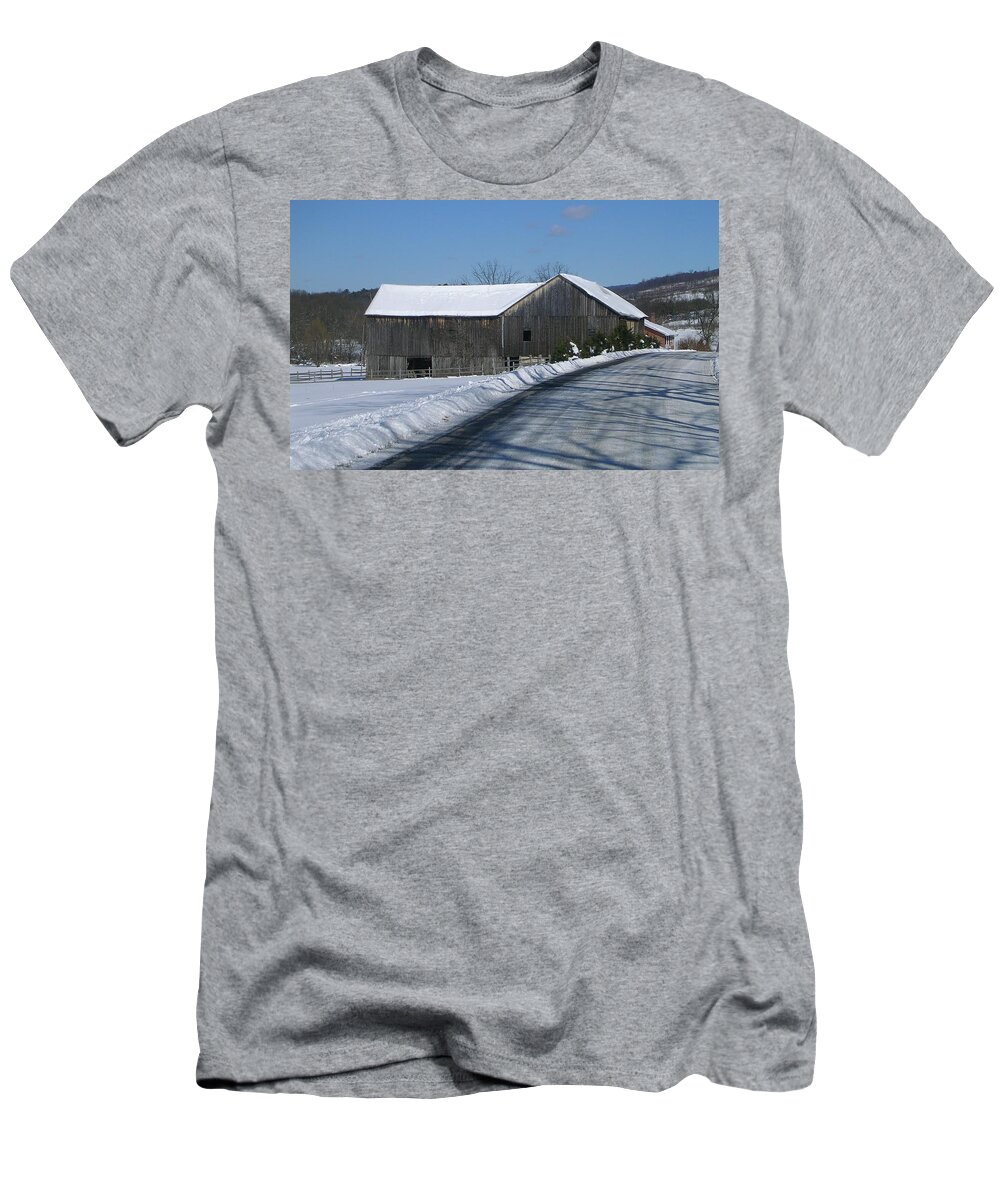 Landscape Of Old Barn On The Road Side Of A Freshly Plowed Country Road. T-Shirt featuring the photograph Drive by Delight by Jack Harries