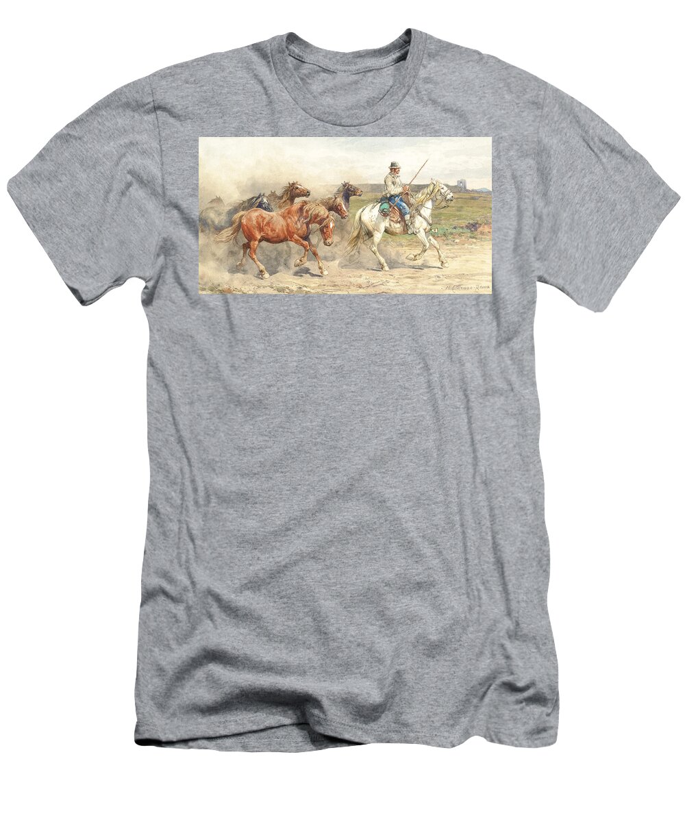 Droving T-Shirt featuring the painting Droving Horses in the Roman Campagna by Enrico Coleman