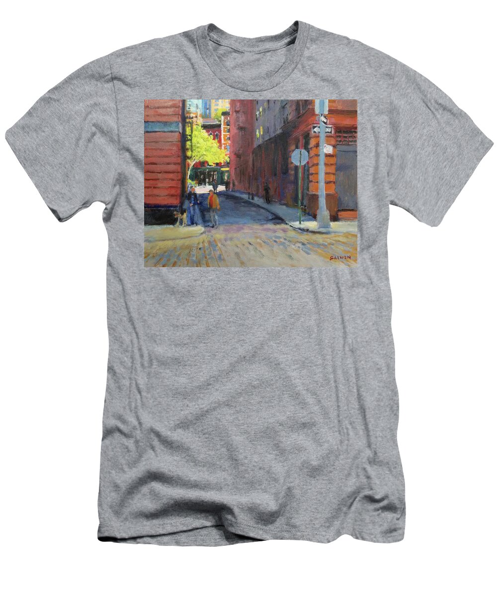 Landscape T-Shirt featuring the painting Duane Park from Staple Street by Peter Salwen