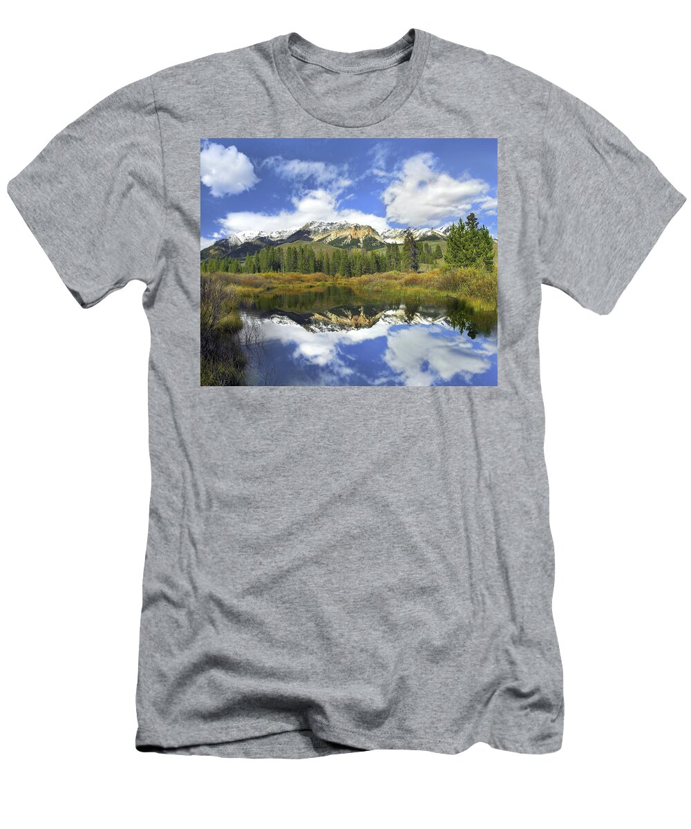 00176817 T-Shirt featuring the photograph Easely Peak Reflected In Big Wood River by Tim Fitzharris
