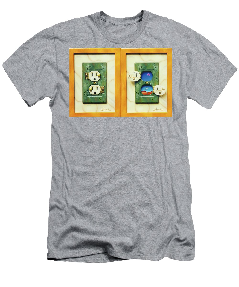  T-Shirt featuring the painting Electric View miniature shown closed and open by Paxton Mobley