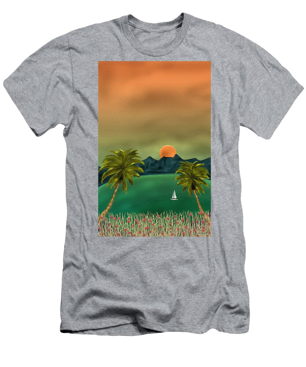 Tropical Island Ocean Sea Seascape Palms Sunset Sailing Sailboat Nature Gordon Beck Art T-Shirt featuring the painting Emerald Bay by Gordon Beck