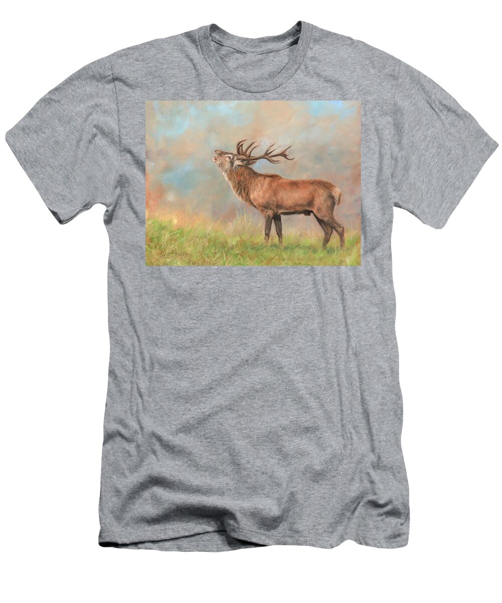 Red Deer T-Shirt featuring the painting European Red Deer by David Stribbling