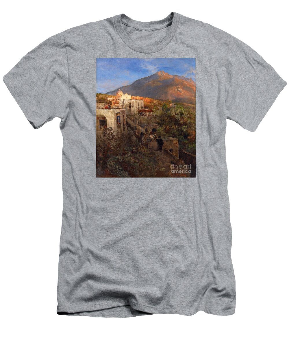Oswald Achenbach T-Shirt featuring the painting Evening In Ischia With View On The Monte Epomeo by MotionAge Designs