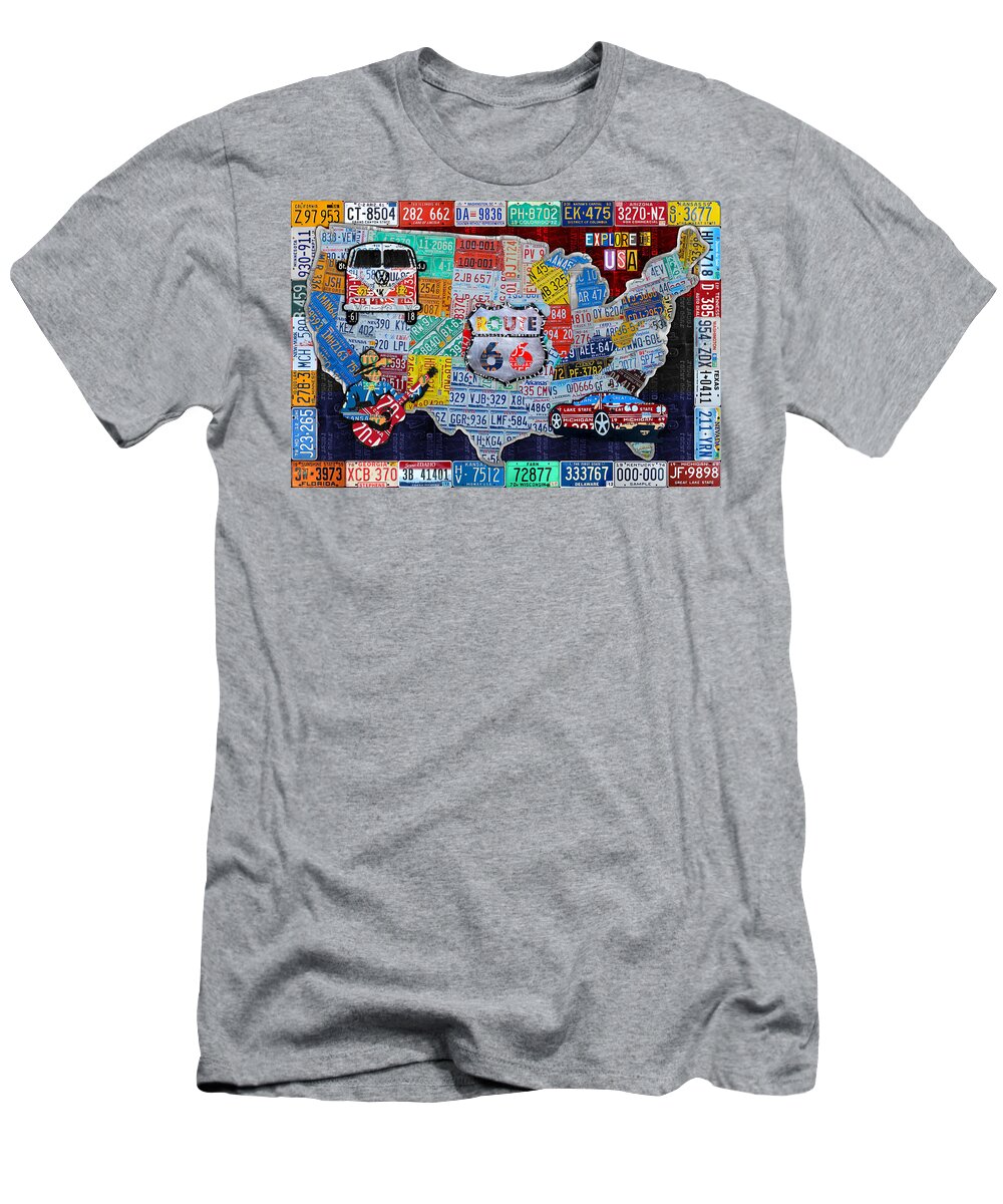 Explore The Usa T-Shirt featuring the mixed media Explore the USA License Plate Art and Map Travel Collage by Design Turnpike