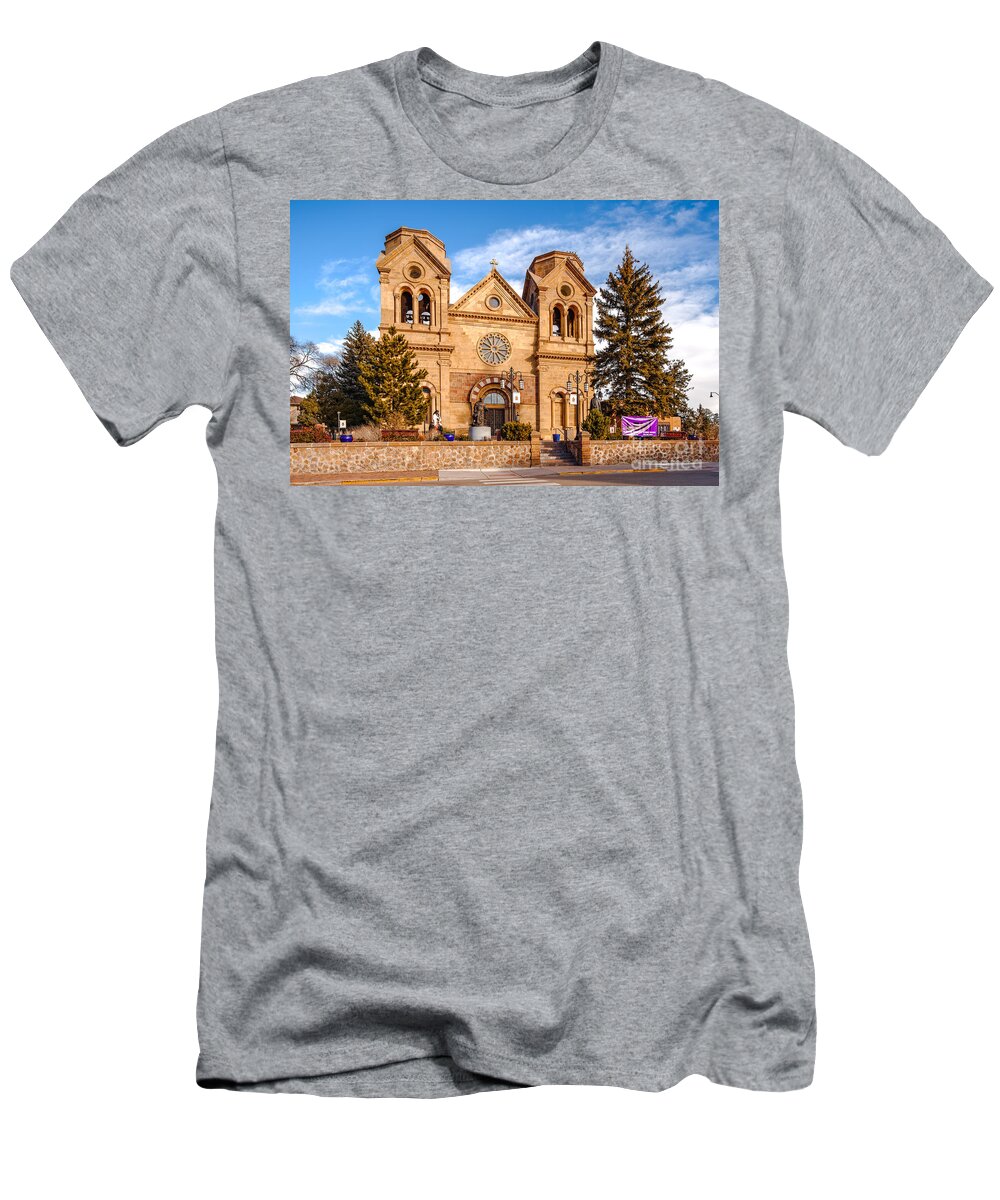 Santa T-Shirt featuring the photograph Facade of Cathedral Basilica of Saint Francis of Assisi - Santa Fe New Mexico by Silvio Ligutti