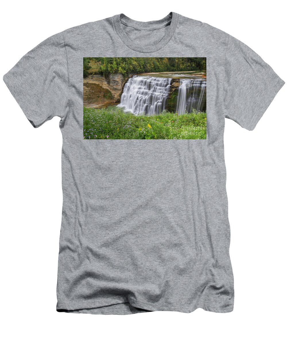Waterfall T-Shirt featuring the photograph Autumn Flower of Letchworth Middle Falls by Karen Jorstad