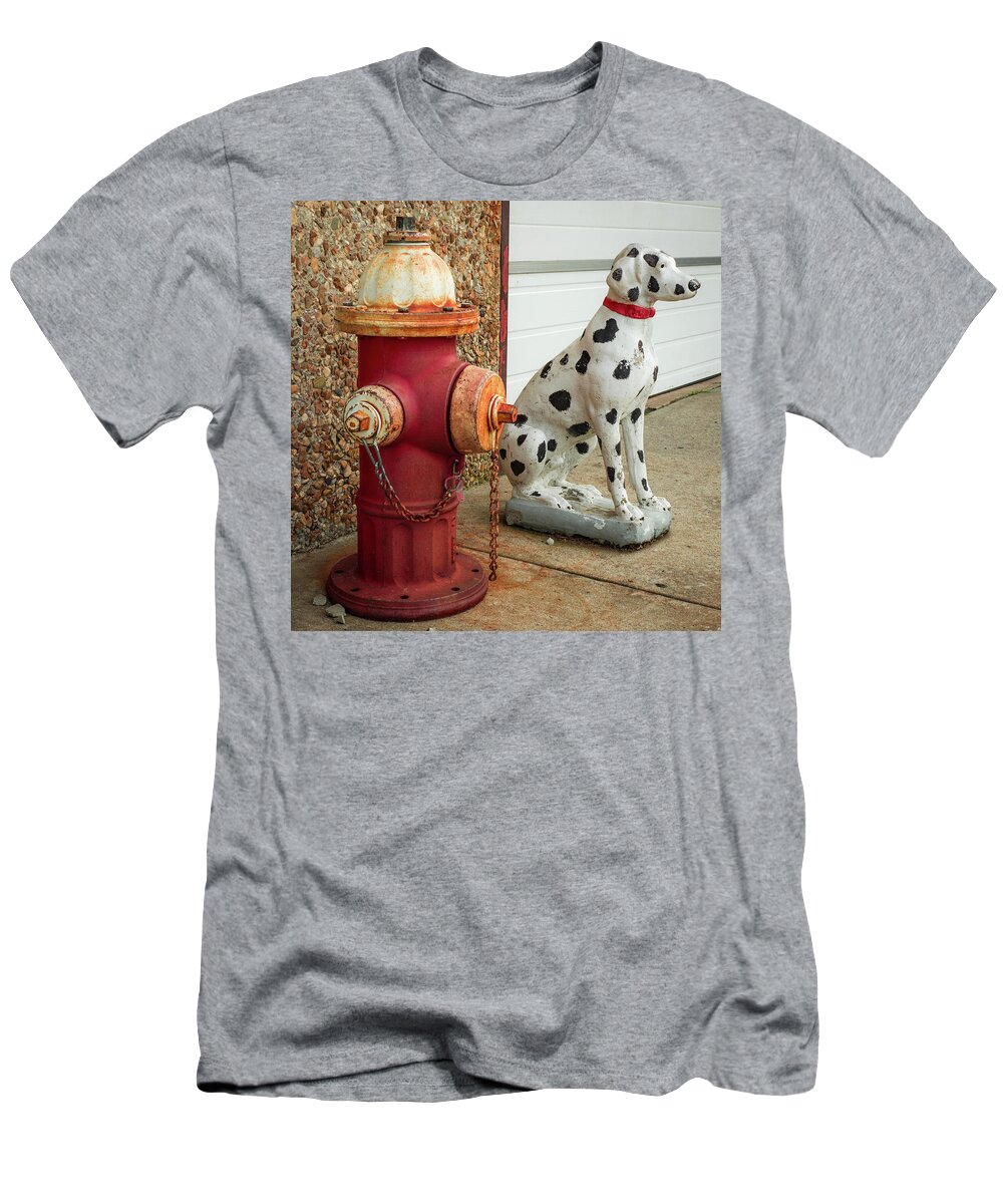 America T-Shirt featuring the photograph Fire Hydrant and Dalmation - Fire Station Art by Gregory Ballos