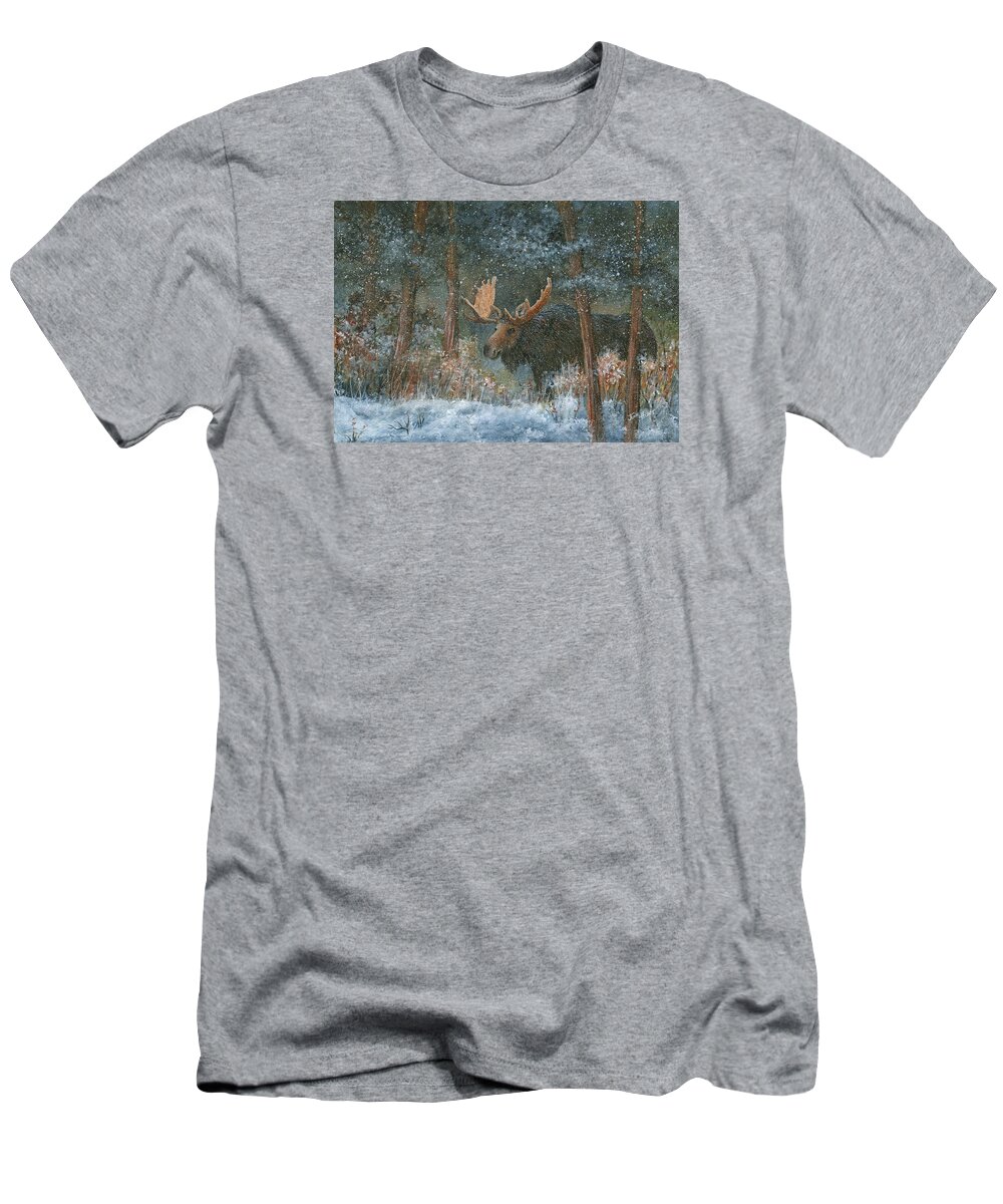 Moose T-Shirt featuring the painting First Snow - Alaska by June Hunt