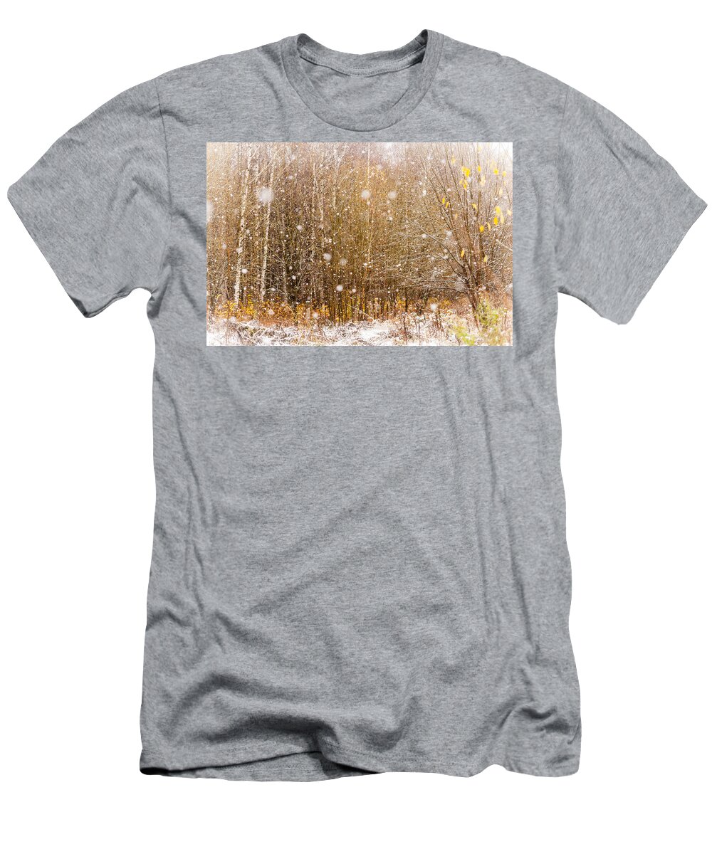 Jenny Rainbow Fine Art Photography T-Shirt featuring the photograph First Snow. Snow Flakes I by Jenny Rainbow