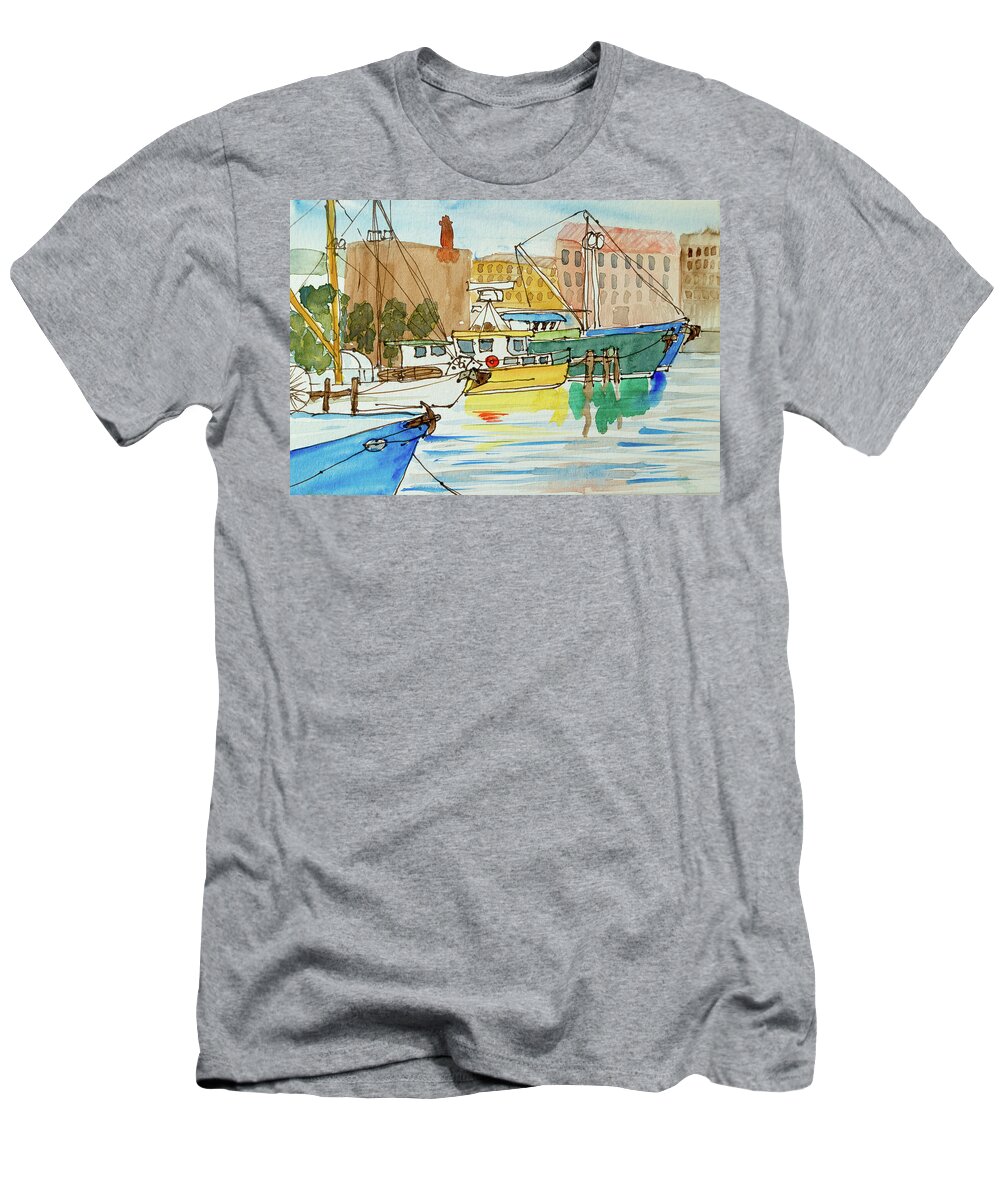 Australia T-Shirt featuring the painting Fishing Boats in Hobart's Victoria Dock by Dorothy Darden