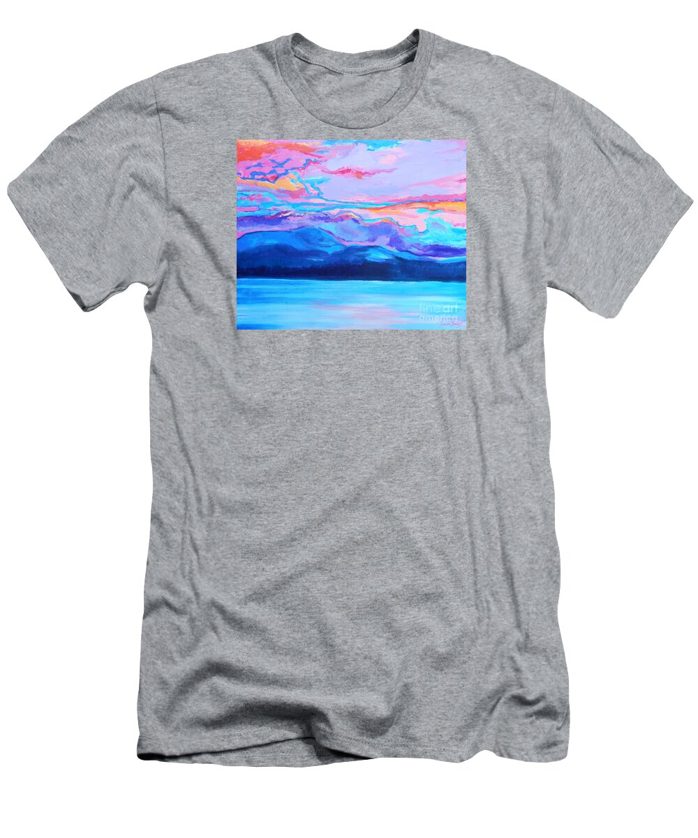 Dramatic Intense Brightly Colored Sunset Sky T-Shirt featuring the painting Flagstaff lake winter sunset by Priscilla Batzell Expressionist Art Studio Gallery