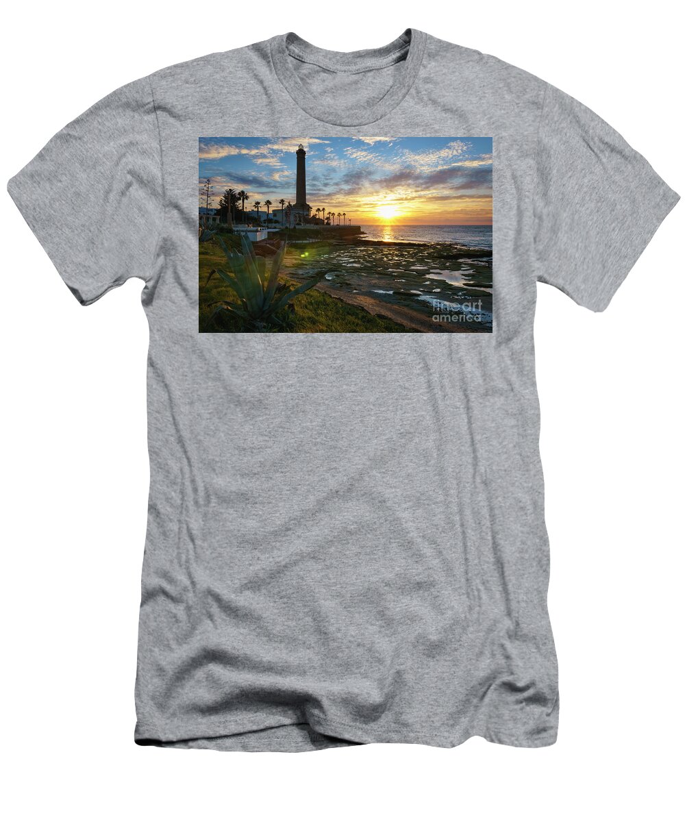 Andalucia T-Shirt featuring the photograph Flaring Sun at Chipiona Lighthouse Cadiz Spain by Pablo Avanzini