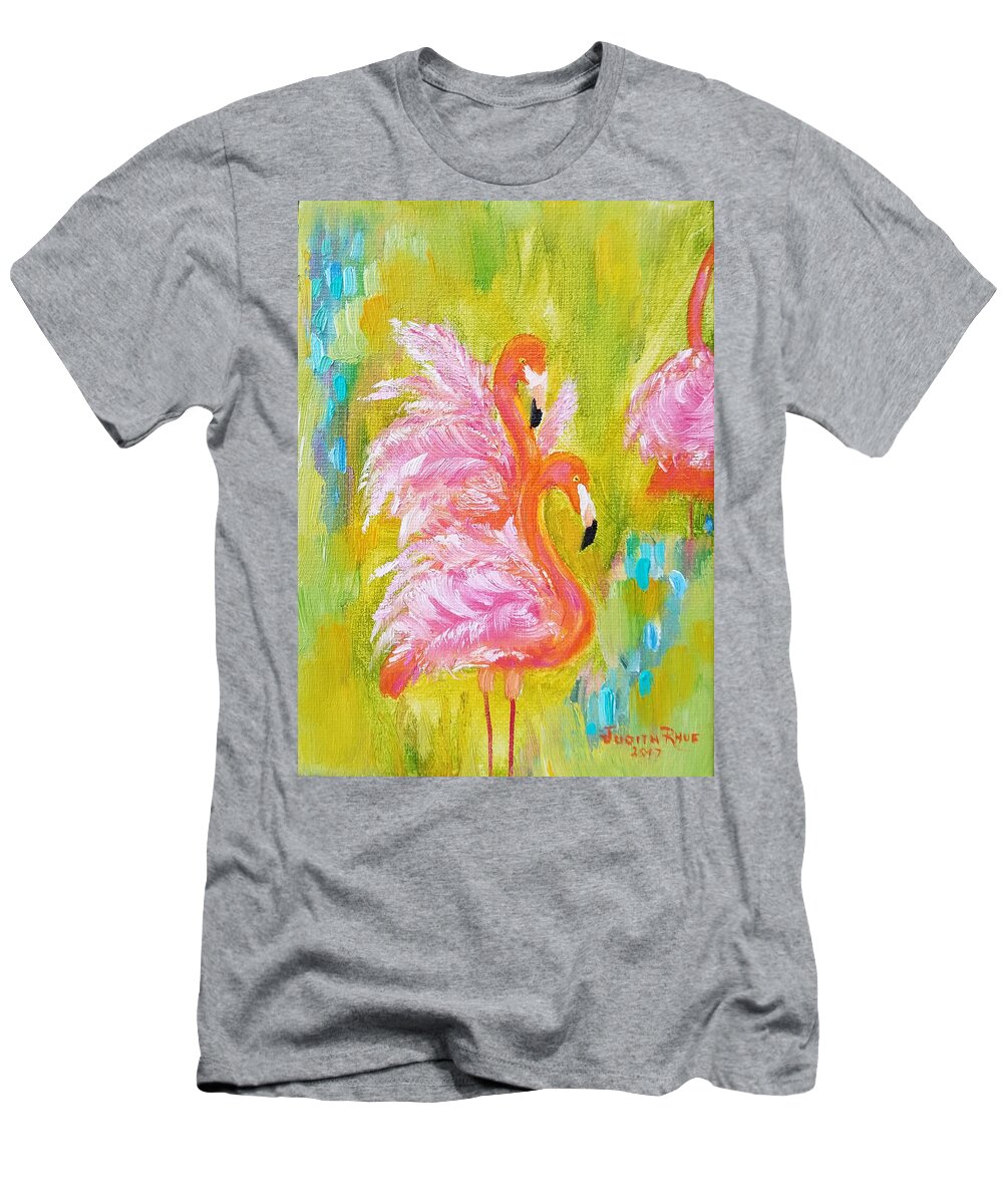 Flamingo T-Shirt featuring the painting Flaunting Feathers by Judith Rhue
