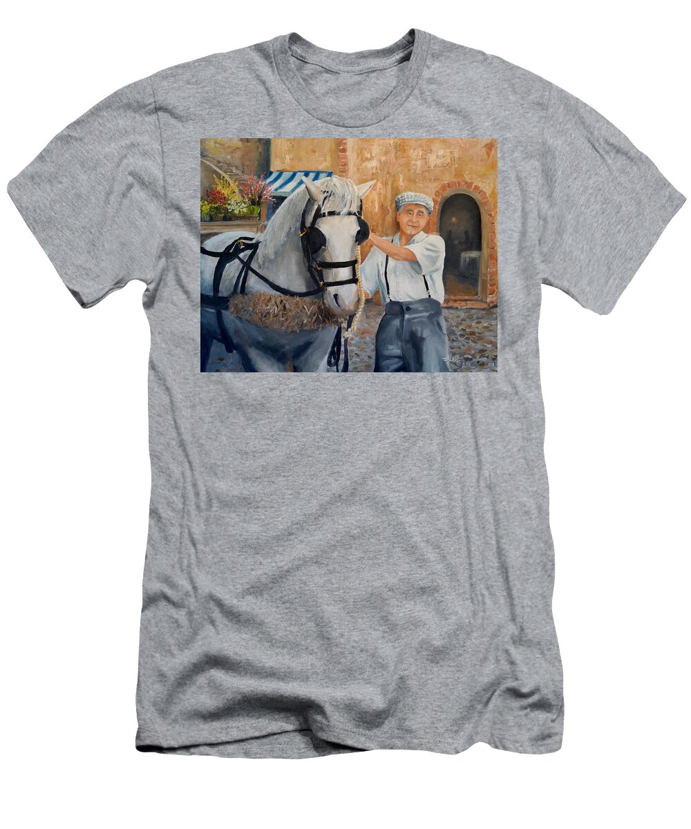 Old World T-Shirt featuring the painting Flower Cart Man by Alan Lakin