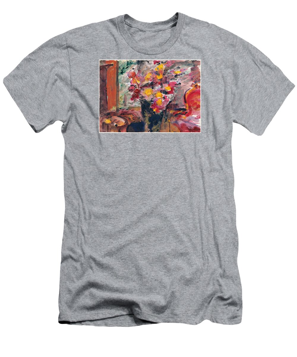 Lovis Corinth T-Shirt featuring the painting Flower Vase on a Table by Lovis Corinth