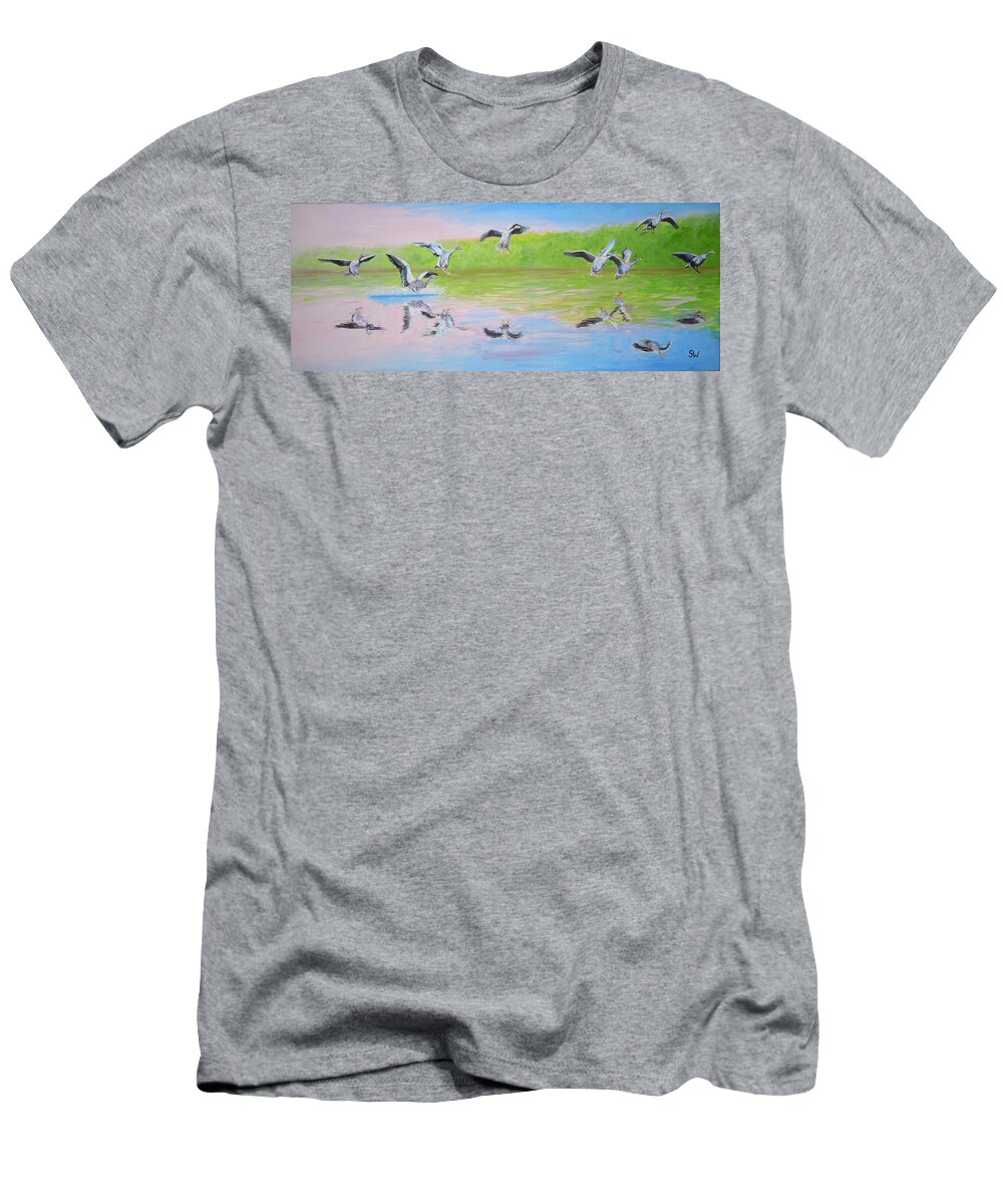 Art T-Shirt featuring the painting Flying Geese by Shirley Wellstead