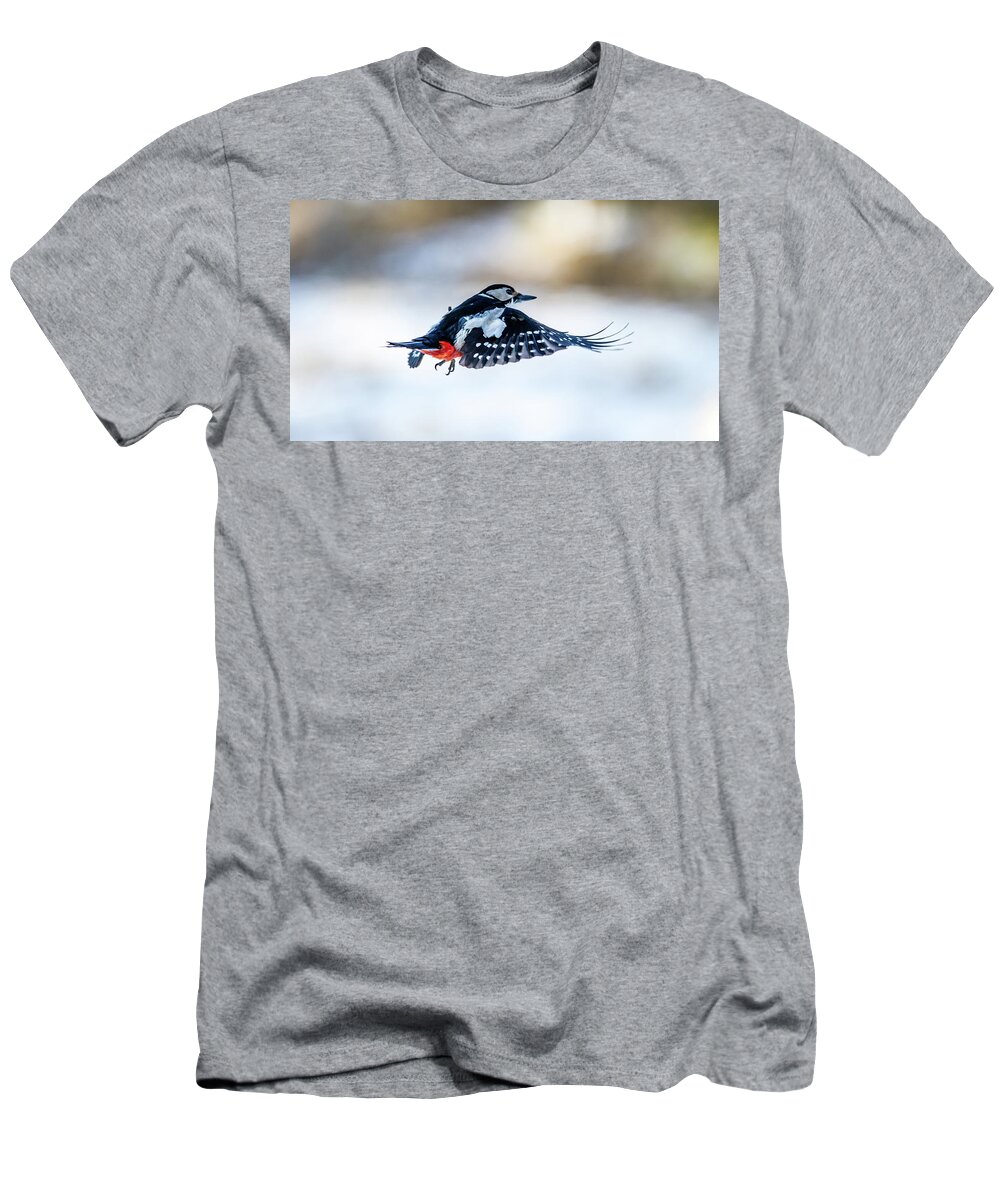 Flying Woodpecker T-Shirt featuring the photograph Flying Woodpecker by Torbjorn Swenelius