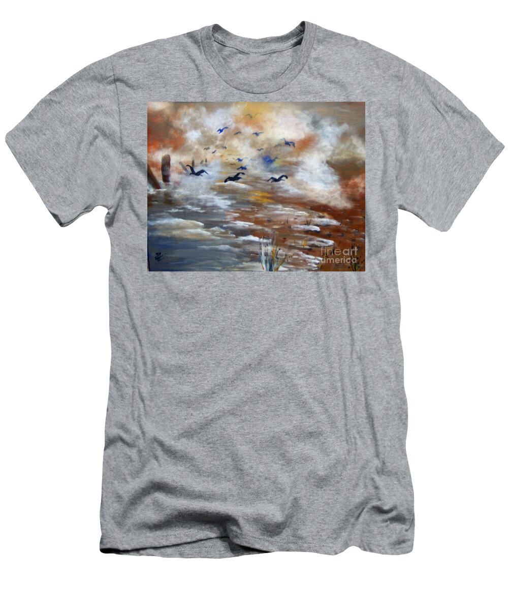 Birds T-Shirt featuring the painting Foggy Beach by Saundra Johnson