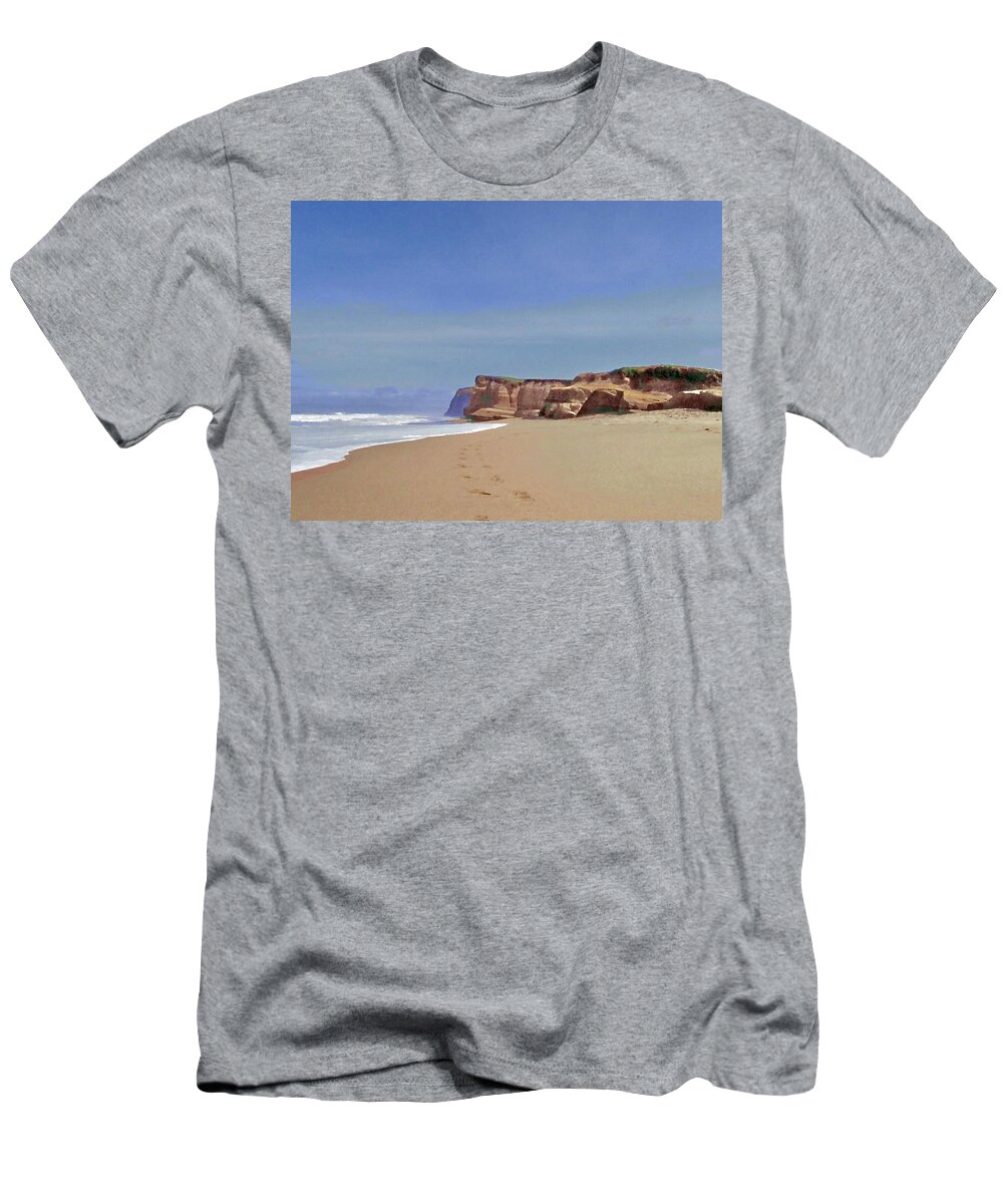 Seascape T-Shirt featuring the digital art Foot Prints and Sand Cliffs by Richard Thomas