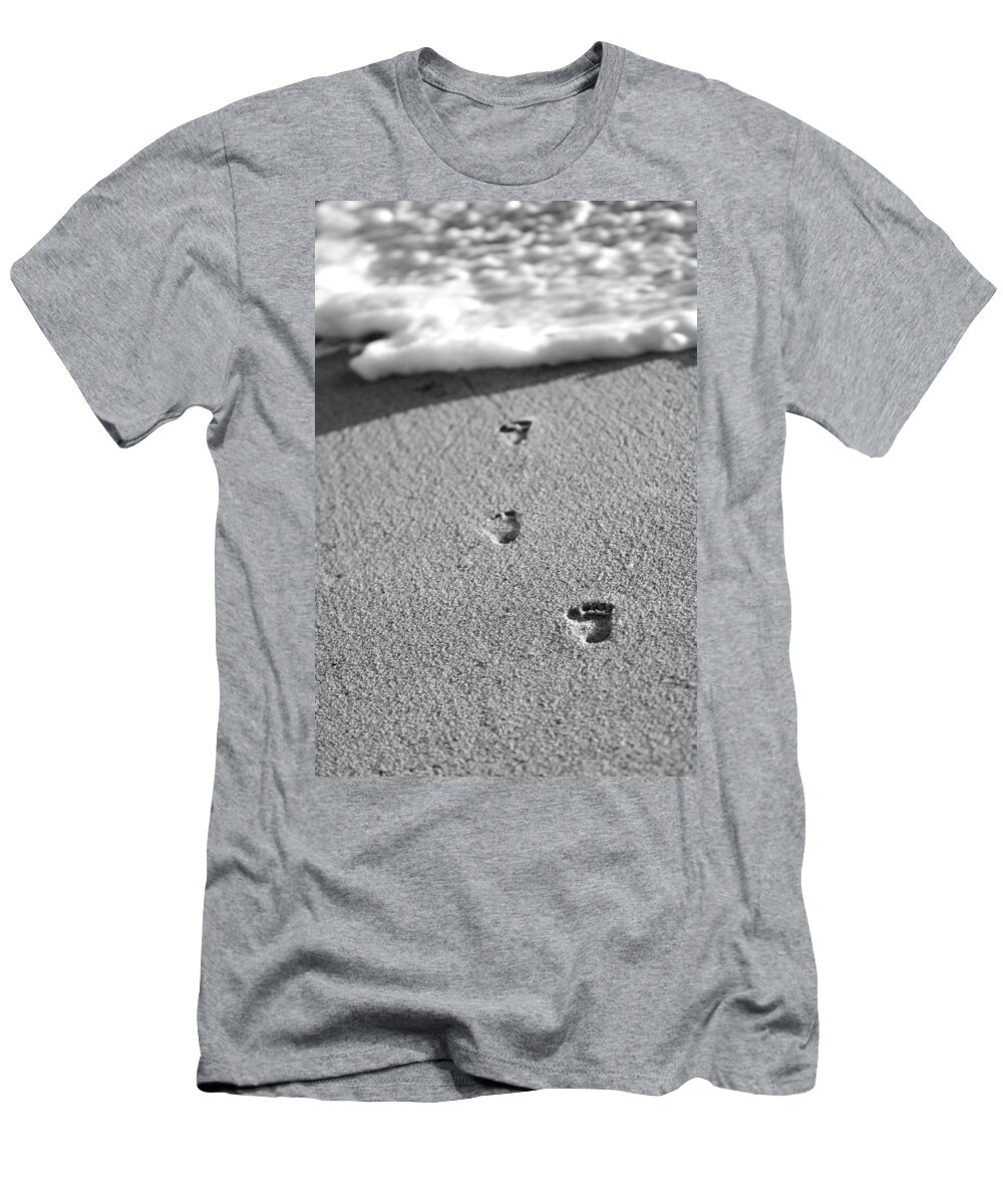 Sand T-Shirt featuring the photograph Footprints in the Sand black and white by Jill Reger
