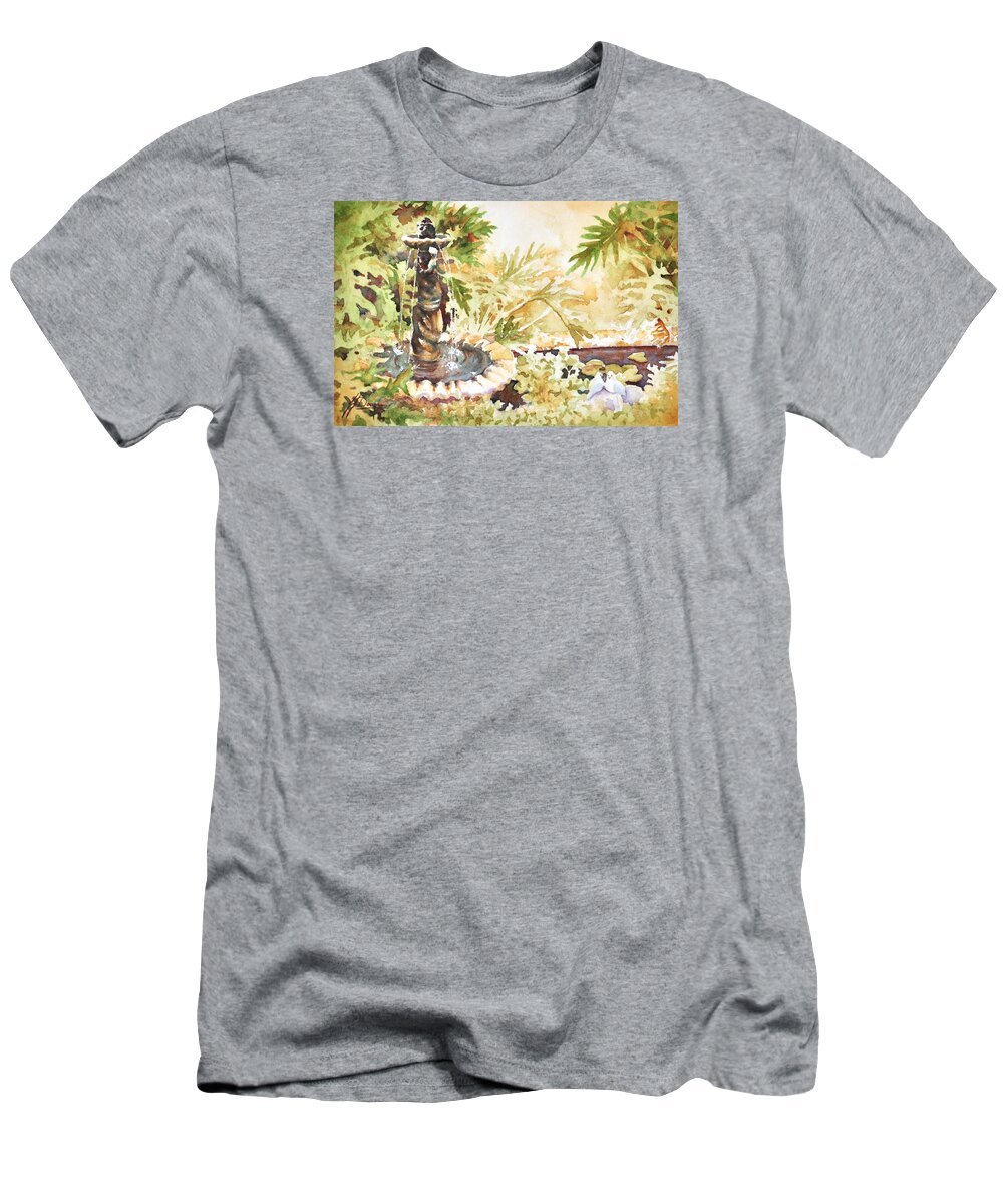 Watercolor T-Shirt featuring the painting Fountain with Clay Birds by John Dougan